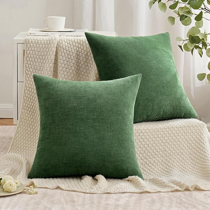MIULEE Moss Green Chenille Couch Throw Pillow Covers, 18x18 | Set of 2, Soft Modern Farmhouse Style, Decorative Pillowcases for Sofa Living Room Bed, Home Decor