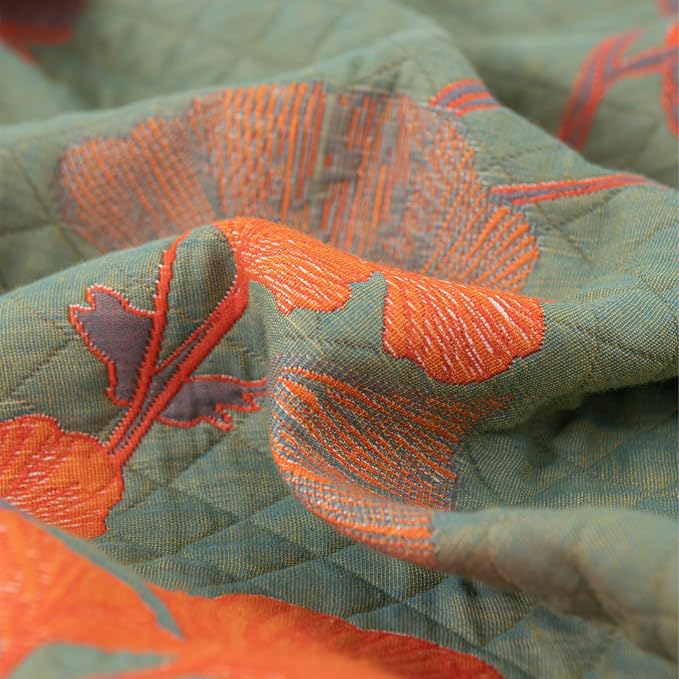 100% Cotton Muslin Blanket Jacquard Green Orange Floral Ginkgo Leaves Quilt, Soft Bed Cover Lightweight Breathable Gauzy Reversible Bedspread Coverlet Full/Queen(78"x94"), No Pillow Sham