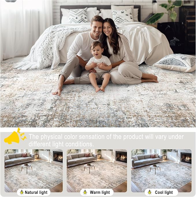 PLHXFR 10x14 Area Rug Living Room: Abstract Washable Carpet Brown Grey | For Bedroom Dining Room Farmhouse Nursery Home,Machine washable,Non Slip,Large Soft Neutral,Stain Resistant, Indoor Floor