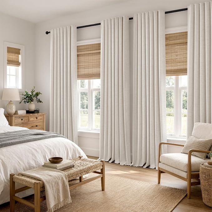 MIULEE 100% Blackout Linen Curtains for Bedroom 42 x 96 Inch Birch 2 Panels | Thermal Insulated, Room Darkening Drapes for Living Room, Back Tab Rod Pocket Pinch Pleated, Solid Luxury Decor
