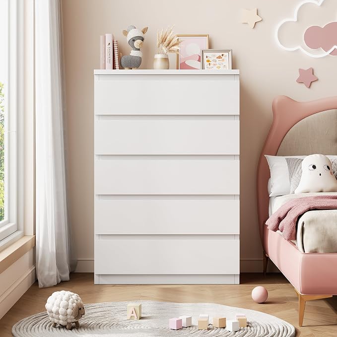 5 Drawer Dresser for Bedroom, White Dresser Chest of Drawers, Tall Dressers for Bedroom with Handleless Drawers, 15" D x 23.7" W x 40.4" H Storage Dressers for Living Room, Hallway and Entryway-White