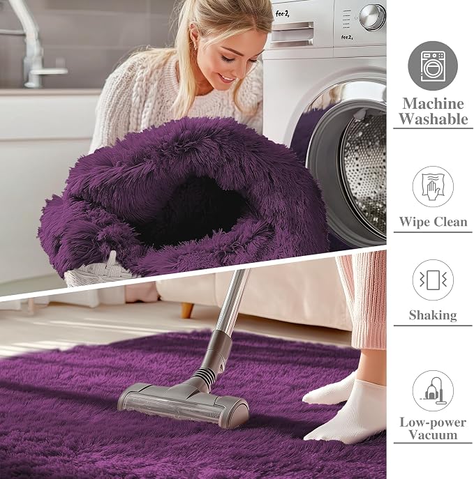 OLANLY 5x8 Machine Washable Large Area Rugs for Living Room, Bedroom, Soft Fluffy Shaggy Bedside Rug, Indoor Floor Carpet for Kids Girls and Boys, Dorms, Nursery, Home Decor Aesthetic, Dark Purple