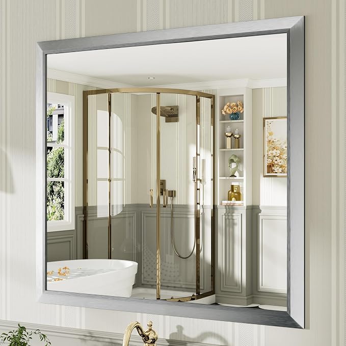 Bathroom Wall Mirror, Silver Brushed Nickel Metal Frame, 40x38 Inch | Anti-rust, HD tempered glass, for bathroom vanity, bedroom, living room, horizontal or vertical mount