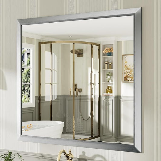 Bathroom Wall Mirror, Silver Brushed Nickel Metal Frame, 40x38 Inch | Anti-rust, HD tempered glass, for bathroom vanity, bedroom, living room, horizontal or vertical mount