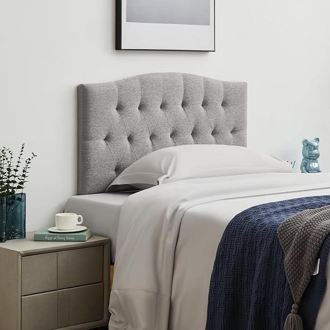 Tufted Upholstered Twin Headboard Only, Adjustable Heige 38-50 in, Gray | Twin Size Headboard for Dorm Bed, Durable Linen Fabric Headboards, Twin XL Headboard with Modern Diamon Design Wood