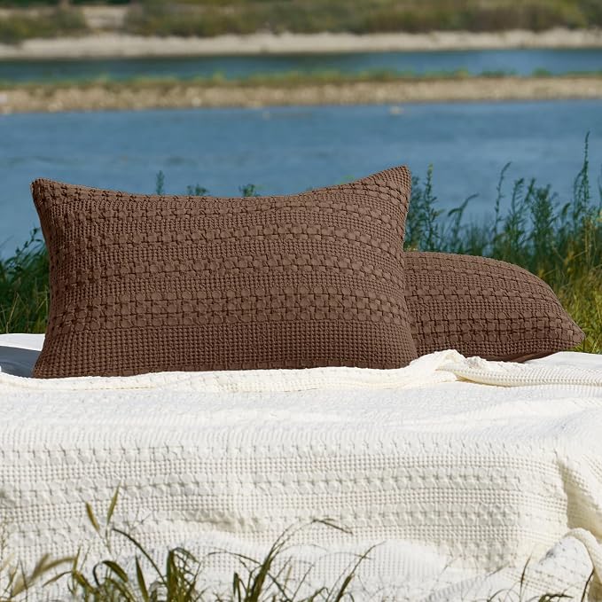 PHF 100% Cotton Waffle Pillow Shams Queen Size, 2 Pack 20" x 30" Soft Skin-Friendly Pillowcases, No Filling, Aesthetic Woven and Breathable Waffle Weave Pillow Case Covers for Bed, Chocolate