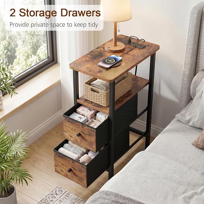 LOAKEKEL Narrow End Table with Charging Station, Small Nightstand | Skinny Side Tables Living Room with 2 Fabric Drawers, Slim Bedside Table for Bedroom, Small Spaces, Couch, Brown