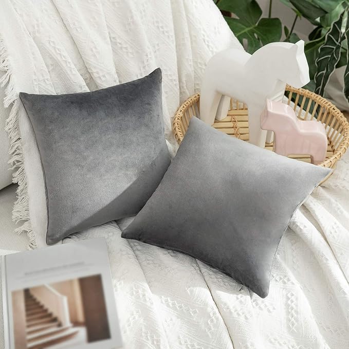 MIULEE Velvet Throw Pillow Covers 12x12 Inch Pack of 2 Medium Gray | Soft Solid Small Decorative Pillow Covers, Modern Luxury Home Decor, for Couch Chair Sofa Bedroom Livingroom Car
