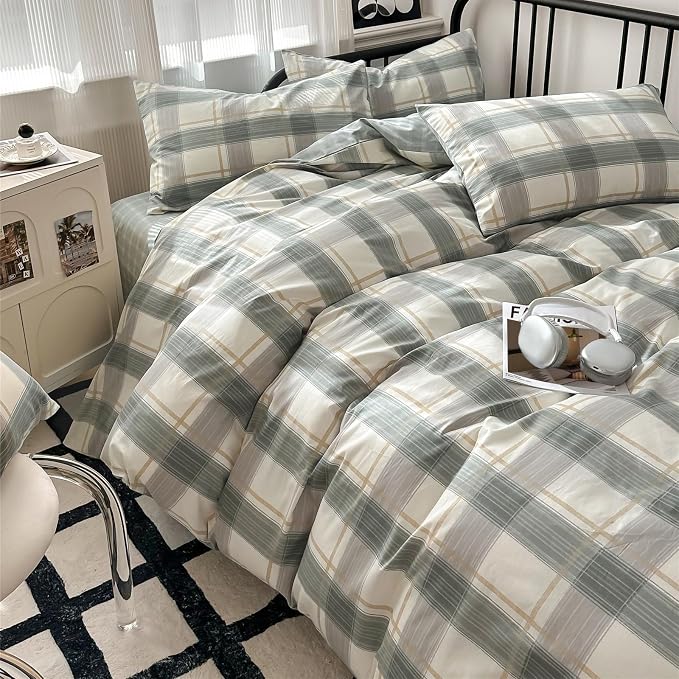 Plaid Full Size Comforter Set Geometric Plaid Grid Comforter Set Fluffy Soft Microfiber Bedding Comforter Farmhouse Checkered Comforter Set for All Season 3 Piece Plaid Bedding Comforter Set Full Size
