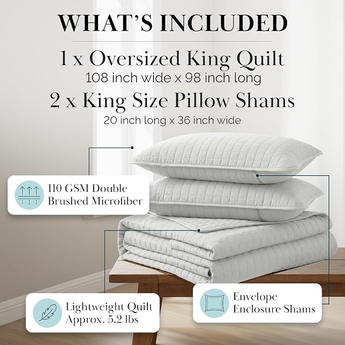 Southshore Fine Living, Inc. Oversized Quilt King Size Set, Grey Bedspread King/California with 2 Matching Shams, Soft Bedspread, Microfiber Quilt Coverlet, Hotel Bedding Set, Light Grey Quilts