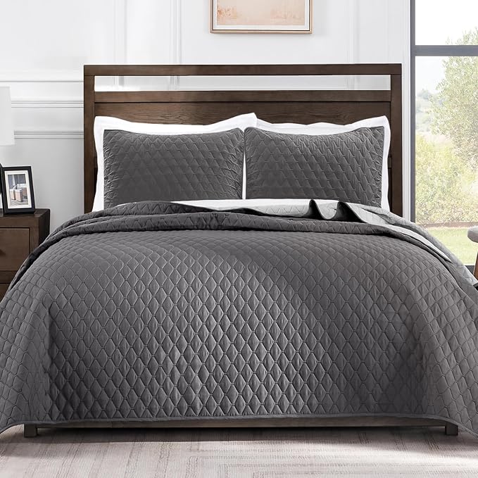 Exclusivo Mezcla Reversible Full Queen Quilt Bedding Set, Grey | Lightweight Bedspreads with 2 Pillow Shams, Soft Microfiber, All Season Bed Coverlets for Bedroom Guest Room, 90x96 Inch