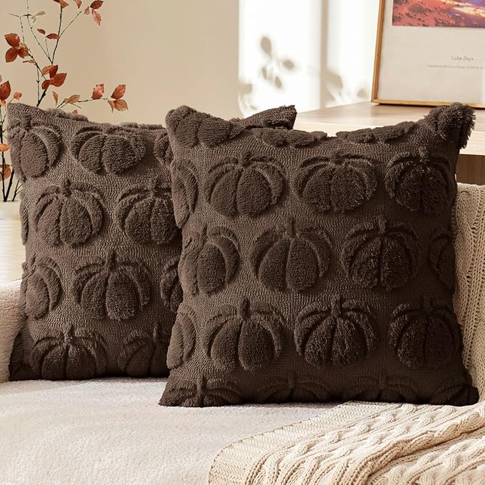 MIULEE Fall Pillow Covers Pumpkin Fall Decor 18x18 Reddish Brown | Set of 2 Fall Decorations for Home, Plush Faux Fur Farmhouse Accent Pillowcases, Porch Sofa Couch Cushion Bed Livingroom