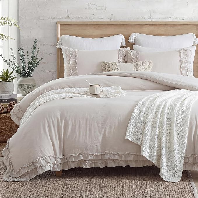 Bedorm Beige Duvet Cover King Shabby Chic Bedding Soft Breathable Washed Microfiber Ruffle Duvet Cover Coquette Cute Comforter Cover Girls Women