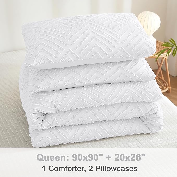 Litanika Queen Size Comforter Set, 3 Pieces White Tufted Boho Bedding Set | Farmhouse Shabby Chic Vintage Bohemian Textured Aesthetic Soft Fluffy Lightweight Breathable All Season Bed Set for Queen Bed