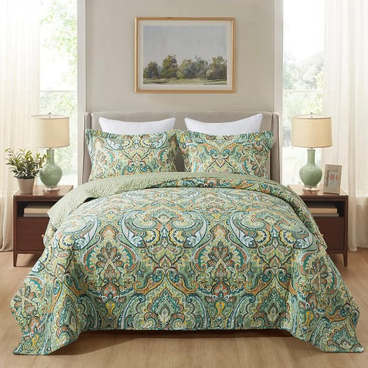 Cotton Bedspread Quilt Sets-Reversible Patchwork Coverlet Set, European Green Floral Pattern, King Size