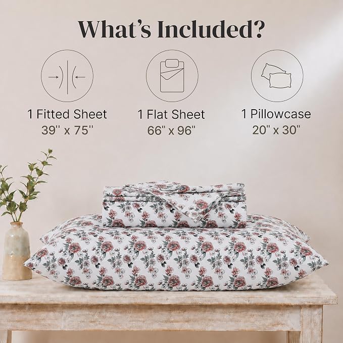 Modern Threads Printed 3-Piece Extra Soft Bedding Sheets & Pillowcase Set, Deep Pocket up to 16 inch Mattress Rose Bloom Twin