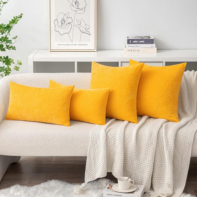 MIULEE Soft Chenille Throw Pillow Covers Goose Yellow 18x18 Inch Pack of 2 | Modern Home Decor, Classic Decorative Pillows, Solid Dyed Cases, Boho Couch Cushion Covers for Sofa Bed Living Room