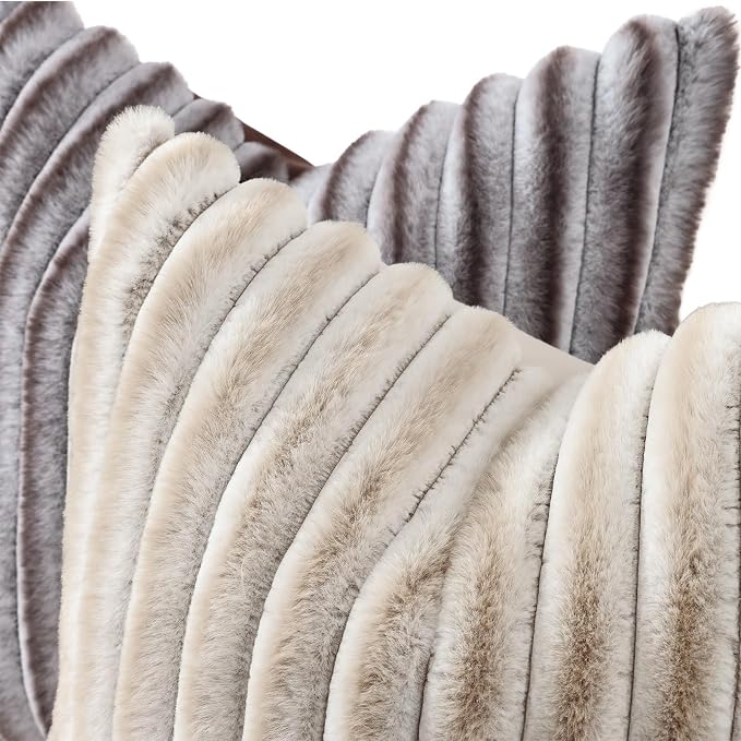 decorUhome Fall Faux Fur Throw Pillow Covers 20x20 Set of 2 Brown White | Decorative Soft Cozy Striped Plush Modern Farmhouse Boho Couch Pillow Cases Velvet Back for Sofa Bed Living Room Home Decor