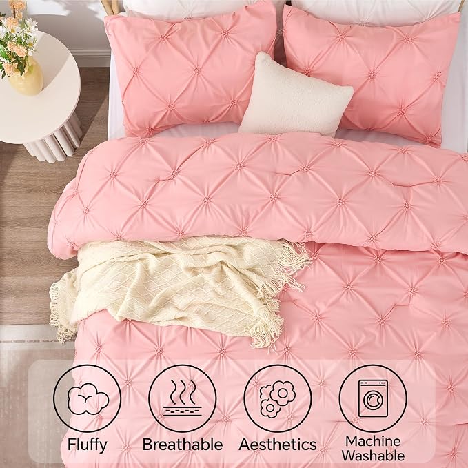 BEDELITE Full Comforter Set Pink,Lightweight & Soft Comforter | Pintuck Boho Bedding, Warm & Cute Bed Set for All Season,With 2 Pillowcases