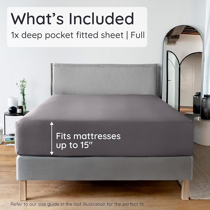 Bambaw 100% Viscose Derived from Bamboo Fitted Sheet Full Size, Cooling Fitted Sheets Only, Full Mattress Fitted Sheet Only, 15’’ Deep Gray Fitted Sheet Full, Soft Fitted Sheet with Straps (Dark Gray)