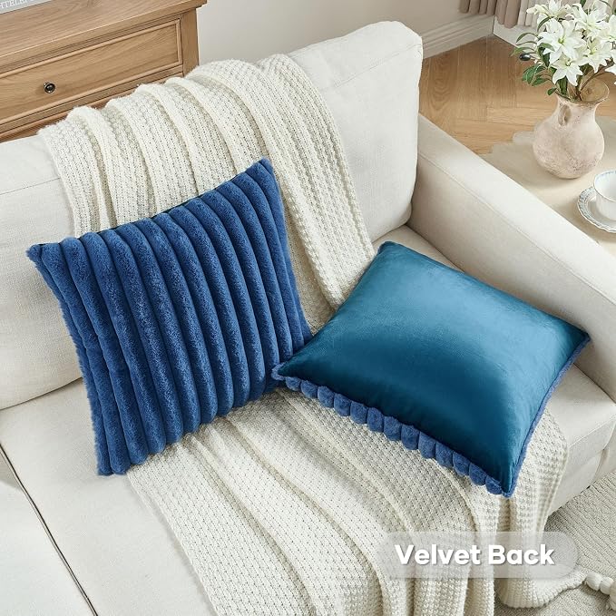 FUTEI Pack of 2 Faux Fur Throw Pillow Covers 26x26 Inch, Navy Blue | Fluffy Faux Rabbit Fur Front/Premium Velvet Back,Hidden Zipper,Machine Washable,Non-Shedding,Colorfast,Insert Not Included.