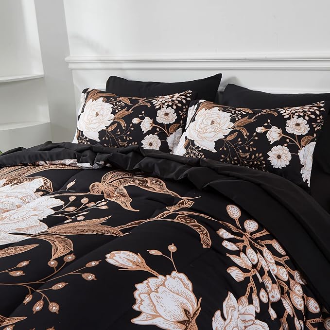 Yogeneg 5 Piece Bed in a Bag Twin Size Comforter Set Botanical Floral Bedding Set,White Flower Leaves Printed on Black Reversible Design,Soft Microfiber Comforter with Sheet Set,All Season(Black,Twin)