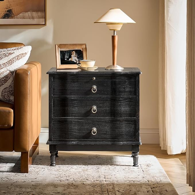 HULALA HOME Solid Wood End Table with Charging Station, 3 Drawer End Table with Pull-Out Tray, USB & Type-C Ports, Traditional Curved Front Accent Side Table for Living Room Sofa, Charcoal