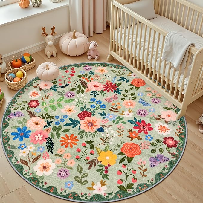 PLHXFR Round Area Rug Living Room: 6 ft Floral Washable Soft Carpet Green | For Bedroom Dining Room Farmhouse Nursery Hallway,Vintage Floral,Machine washable,Non Slip,Stain Resistant,Large Indoor