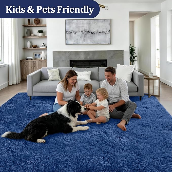 8x10 Area Rug Living Room Bedroom: Fluffy Plush Shag Carpet Blue | For Kids Room Playroom Nursery Home Decor,Ultra Soft,Non-Slip Non-Shedding,Fuzzy Plush,Large Indoor Floor Carpet,Easy Clean
