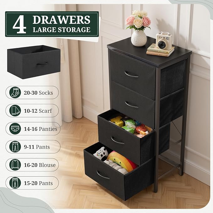 4 Drawers Dresser for Bedroom Fabric Storage Tower with Wooden Top | Steel Frame Tall Chest of Drawers for Closet, Entryway, Dorm, Black