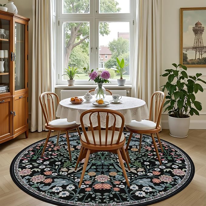 PLHXFR Round Area Rug Living Room: 4 ft Floral Washable Carpet Dark Black | For Bedroom Dining Room Farmhouse Nursery Hallway,Vintage Floral,Machine washable,Non Slip,Stain Resistant,Large Indoor