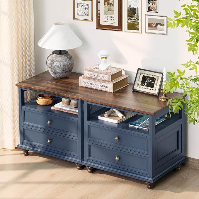 Joaxswe Farmhouse Nightstand Set of 2 with Charging Station, 24" Wide End Table with 2 Drawers,Wood Dresser for Bedroom,Bed Side Table Chest of Drawers Cabinet,Navy BlueNight Stand for Living Room