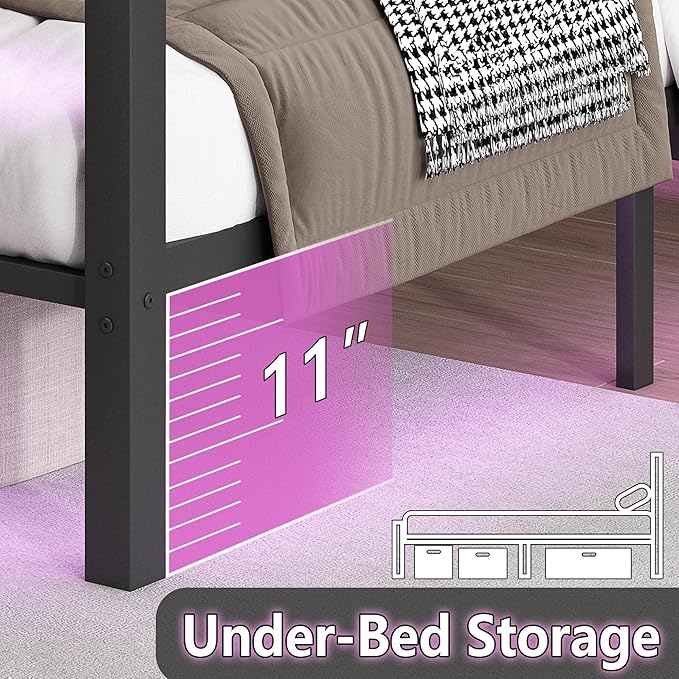 CLIBFENG Queen Size Bed Frame with Headboard and Footboard,Steel Slats Support-LED Bed Frame with USB Charging Station,Mattress Foundation-Under Bed Storage,No Box Spring Needed,Noise Free,Black