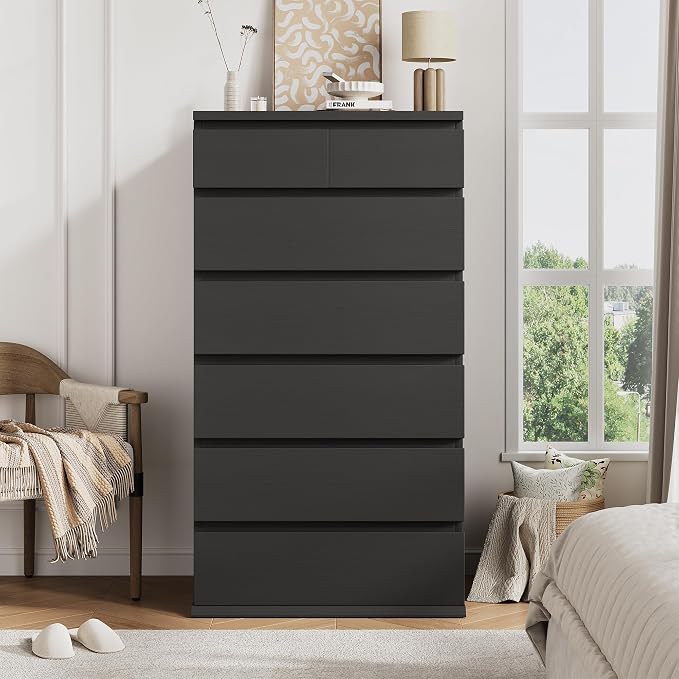 Black Tall 7 Drawer Dresser for Bedroom, Modern Wood Closet Dressers & Chests of Drawers with Jewelry Storage, 23.6" L*15.8" W*47.5" H in Large Vertical Dresser for Bedroom, Living Room, Nursery
