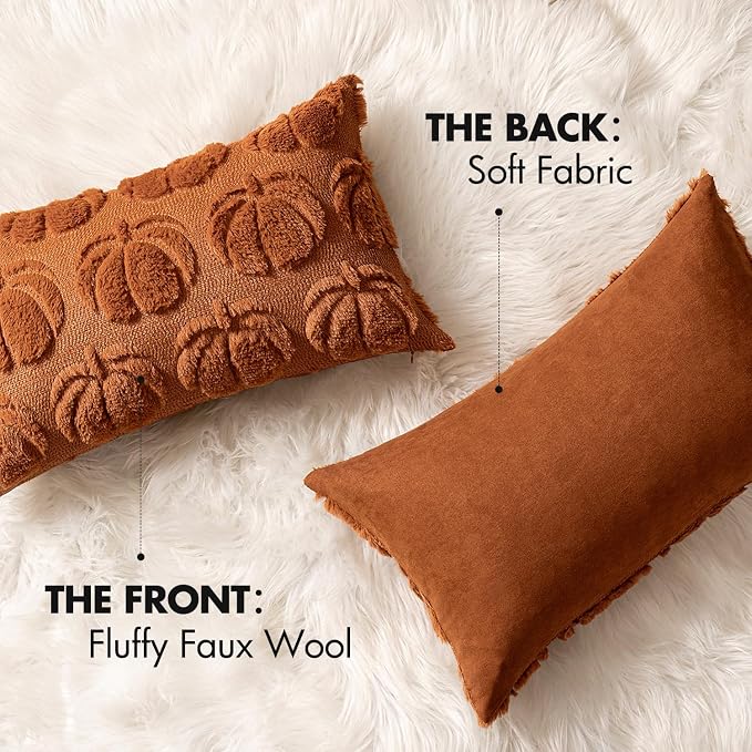 MIULEE Fall Pillow Covers Pumpkin Fall Decor Lumbar 12x20 Dark Rust | Set of 2 Fall Decorations for Home, Plush Faux Fur Farmhouse Accent Pillowcases, Porch Sofa Couch Cushion Bed Livingroom