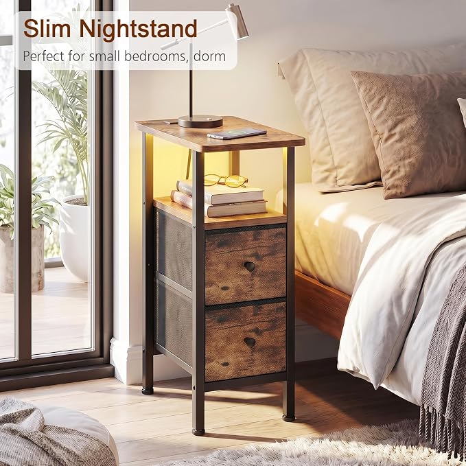 LOAKEKEL Narrow End Table with Charging Station, Small Nightstand | Skinny Side Tables Living Room with 2 Fabric Drawers, Bedside Table with LED Lights for Bedroom, Small Spaces, Rustic Brown