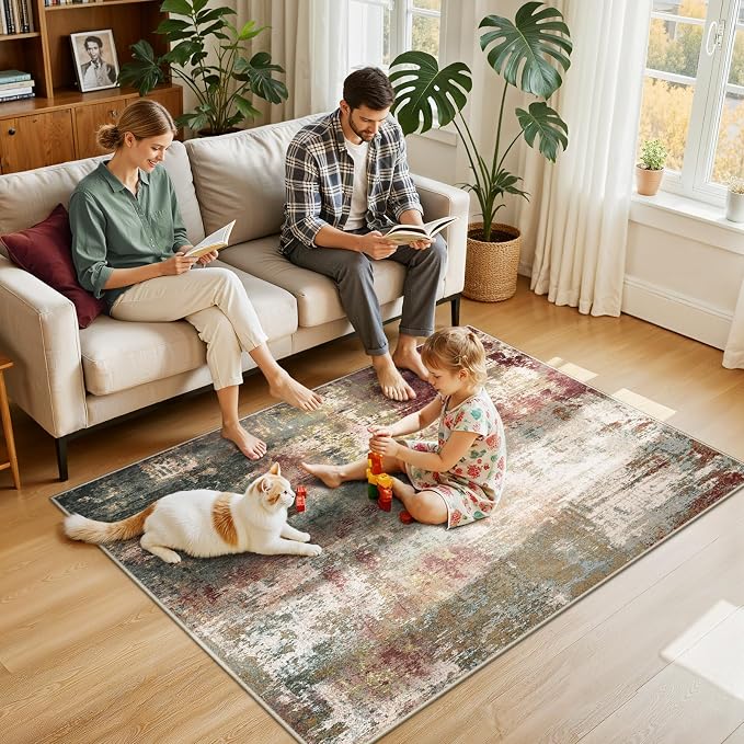 RELEANY Washable 4'x6' Abstract Area Rug for Living Room Rustic Brown | Carpet for Bedroom, Kitchen, Office, Hallway and Entryway, Printed Pattern, Non‑Slip, Soft, Stain‑Resistant, Easy to Clean