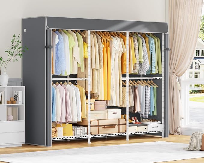 ULIFHOME E14C Pro Heavy Duty Closet Organizer System，Freestanding Clothing Racks for Hanging Clothes，Adjustable Garment Rack 69" W × 16" D × 77" H Hold 960 lbs，White Rack with Grey Dustproof Cover
