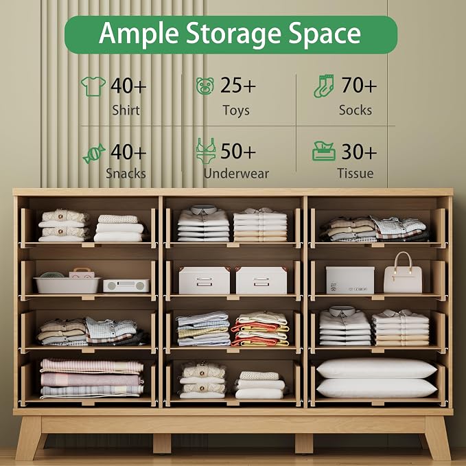 Fluted Dresser for Bedroom with 12 Drawers, 57" Wide Modern Chest of Drawers with Metal Handle, Wooden Dresser TV Stand, Wood Closet Clothes Storage Organizer for Living Room, Hallway, Natural Oak