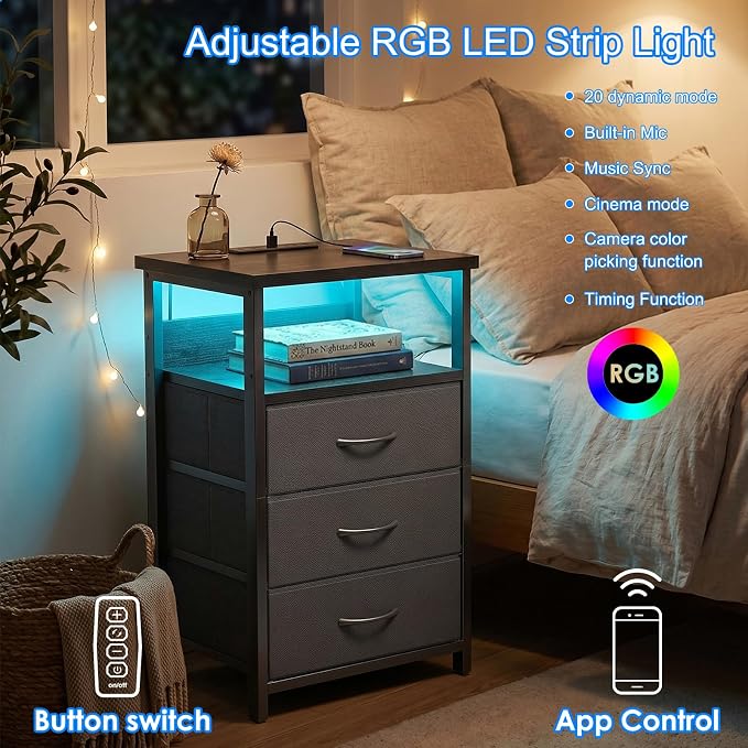 Fixwal Night Stand with 3 Drawers, Black Nightstand with Charging Station | led lights, built-in bedside charger, 2 AC outlets & 2 usb ports, 2 wooden shelves, fabric drawers, bedroom furniture