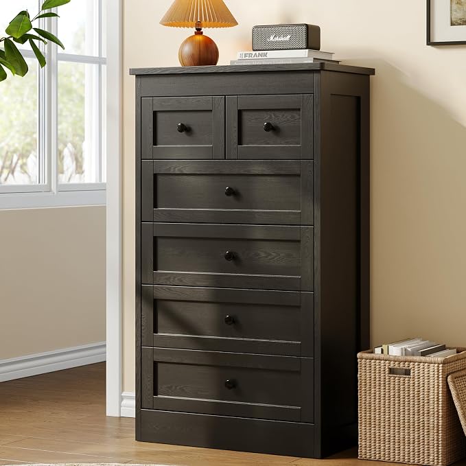 wanan Tall 6 Drawer Dresser for Bedroom, Black Modern 43.3'' Tall Wood Chest of Drawers, Storage Organizer with Smooth Metal Rails & Anti-Tip Kit for Closet, Hallway, Living Room