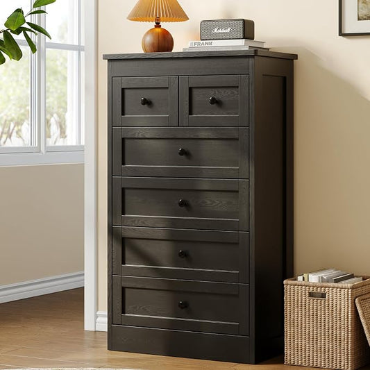 wanan Tall 6 Drawer Dresser for Bedroom, Black Modern 43.3'' Tall Wood Chest of Drawers, Storage Organizer with Smooth Metal Rails & Anti-Tip Kit for Closet, Hallway, Living Room