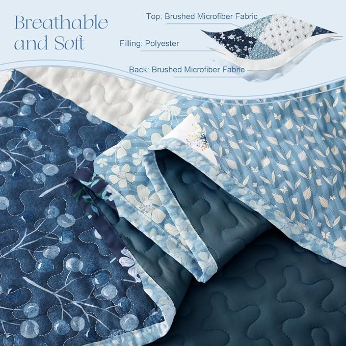 Exclusivo Mezcla Reversible Boho Quilt King Size Blue | Lightweight Soft Bedspreads, All Season Patchwork Coverlet Bedding Set, Printed Floral Pattern, 1 Quilt and 2 Pillow Shams