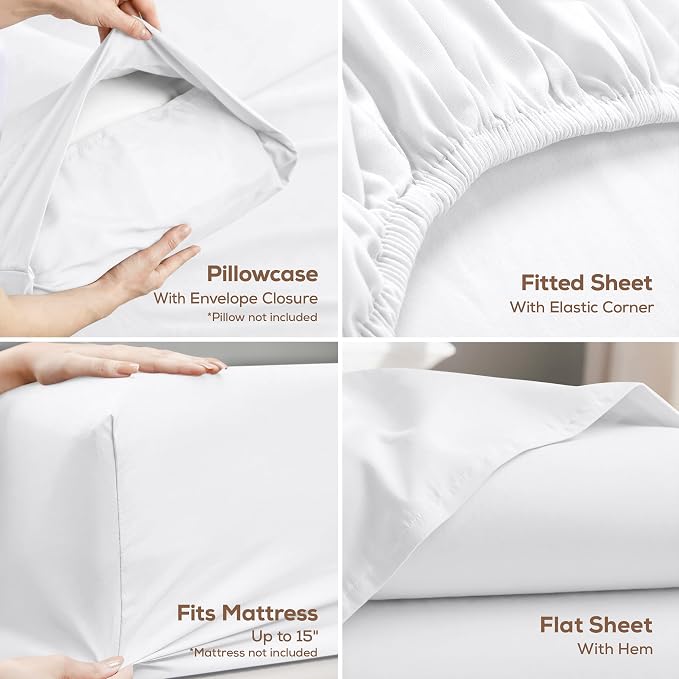 Twin Sheets Set, 3 Pieces 16" Deep Pocket Hotel Luxury Bed Sheets, White | Extra Soft Bedsheet Set, Comfy & Breathable Cooling Sheets, Wrinkle & Fade Resistant, Fitted Sheet, Flat Sheet, 1 Pillowcase