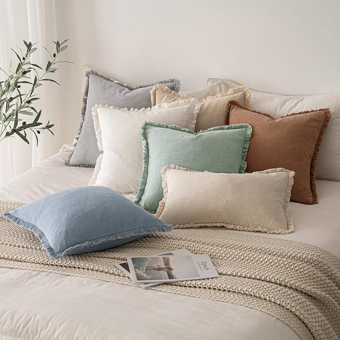 MIULEE Boho Linen Fringe Decorative Throw Pillow Covers Aqua Green 20x20 | Set of 2, Cottagecore Decor, Boho Farmhouse Neutral Pillow Covers, Rustic Couch Cushion Cases for Sofa Bed Living Room