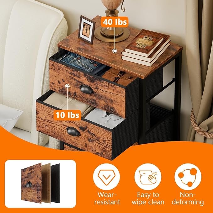 Furnulem Dresser for Bedroom, 6 Bins Tall Fabric Storage Drawers | Rustic Brown Chest of Drawers , Metal Frame, Wood Top,Tall Nightstand for Dorm,Closet, Bedside Furniture in Living Room