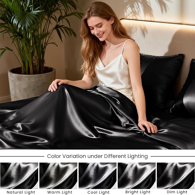 Love's cabin Full Size Satin Sheet Sets - 4 Piece Black Silky Sheet Set with Deep Pocket, Luxury Silk Feel Bed Sheets Full Bedding Set (1 Flat Sheet,1 Fitted Sheet,2 Pillow Cases)