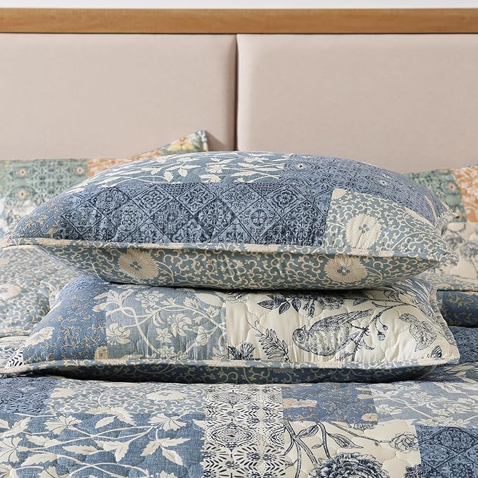 Quilts Queen Size-3 Pieces Soft Queen Bedspread Floral Patchwork Quilt | Lightweight Blue Quilt, Reversible Vintage Floral Bedding Set, All Seasons Bed Coverlet with 2 Pillow Shams, 90"x94"