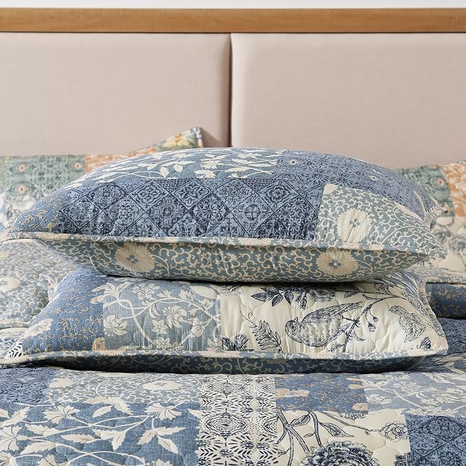 Twin Quilt Set-2 Pieces Soft Twin Bedspread Floral Patchwork Quilt | Lightweight Blue Quilt, Reversible Vintage Floral Bedding Set, All Seasons Bed Coverlet with 1 Pillow Sham, 66"x92"