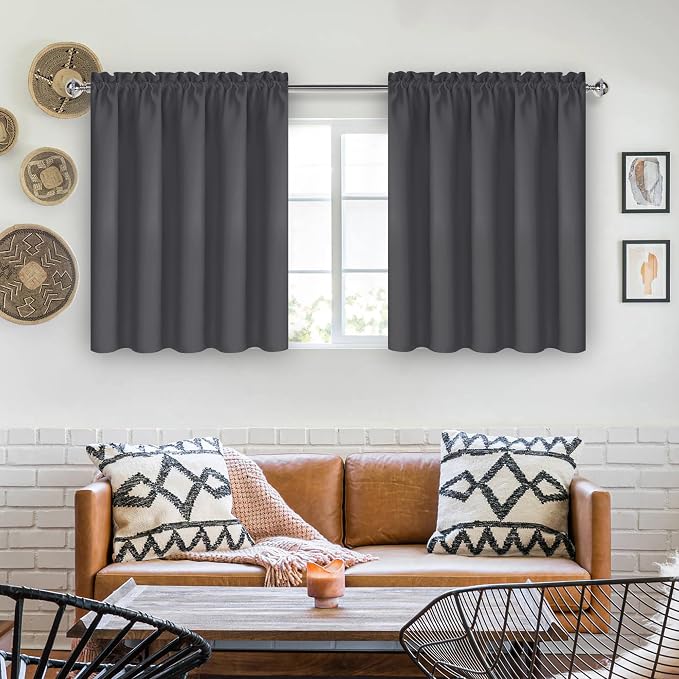 DWCN Short Blackout Curtains 60 x 36 Inch for Kitchen RV Bunk Dark Grey | 2 Panels Set, Kitchen Window Curtains Over Sink, Thermal Insulated, Light Blocking, Rod Pocket Drapes for Small Window